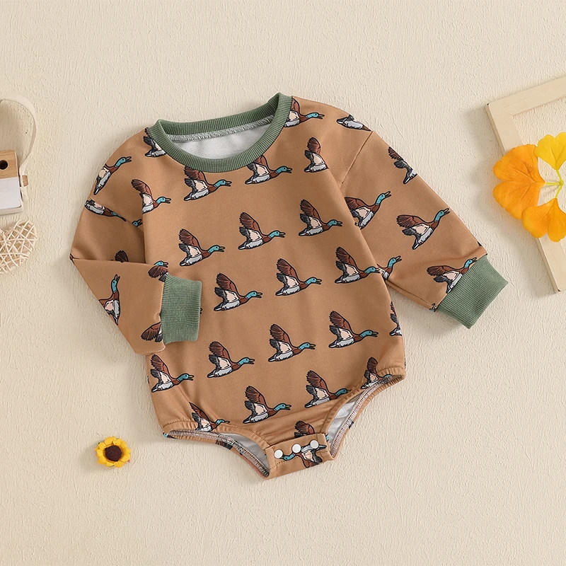 Baby Boys Sweatshirt Romper Duck Print Long Sleeve Round Neck Adorable Fall Jumpsuits