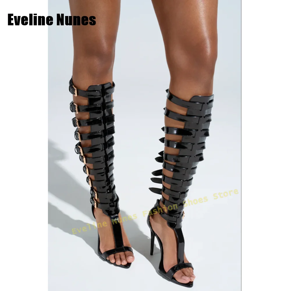 

Belt Buckle T-Tied Sandals Pointed Toe Stiletto Patchwork Cut Out Sexy Lady's Knee High Boots 2025 Summer Street Style Shoes