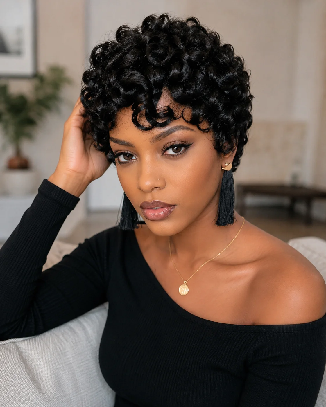 Short Black Vintage Tight Curly Wigs for Black Women, Bouncy Voluminous Short Retro Curly Wig Full Machine Made Wigs Natural Looking Ready to Wear Daily Hair Wig
