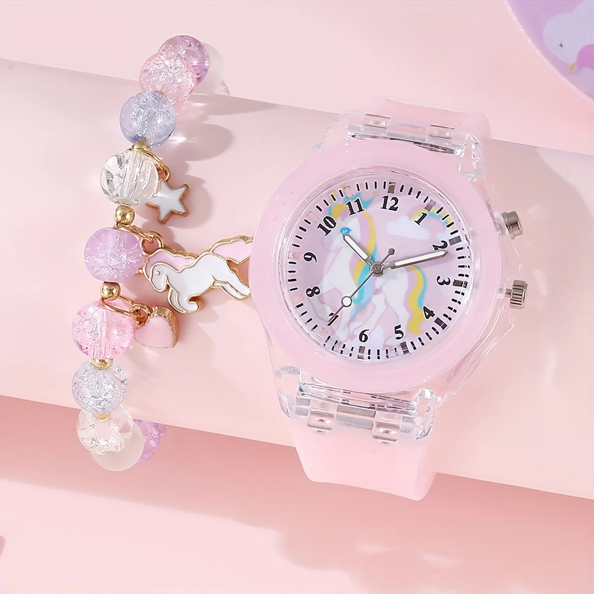 1/2pcs/set, 1pc Girls Light LED Luminous Cartoon Unicorn Quartz Wristwatch & 1pc Beaded Bracelet, Ideal choice for Gifts