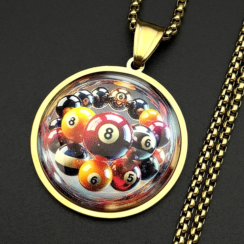 Hiphop Black 8 Billiards Chain For Women Men Stainless Steel Glass Sports Theme Male Retor Street Party Necklace Jewelry Gifts