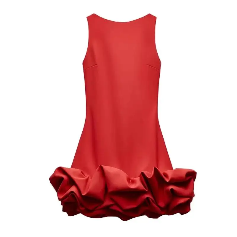 Vestido curto f de primavera, gola redonda, saia em camadas, estilo urbano, cintura alta, fibra de poliéster, saia evasê.