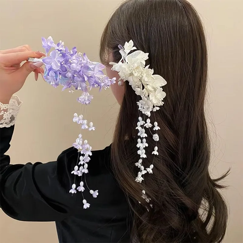 

Handmade Floral Hair Accessories For Brides Exquisite Imitation Pearl Tassel Side Clips Wedding Banquet Photo Makeup Headband