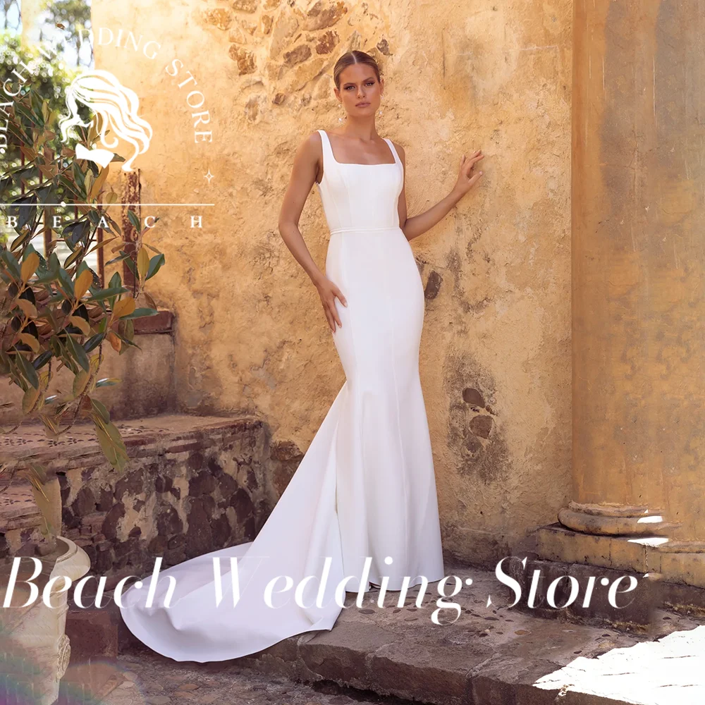 Robe de mariée sirène de plage, col carré, dos nu, sans manches, longueur au sol, Design minimaliste, Simple et élégante, personnalisée