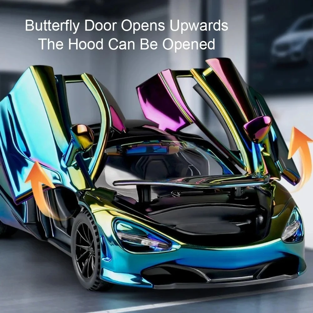 รถโมเดลซูเปอร์คาร์อัลลอยด์ 720S สเกล 1:32 ของเล่นแบบหล่อขึ้นรูป ประตูเปิดได้ มีเสียง มีไฟ ดึงหลังวิ่งได้ ของเล่นจิ๋วสำหรับเป็นของขวัญวันหยุดให้เพื่อน