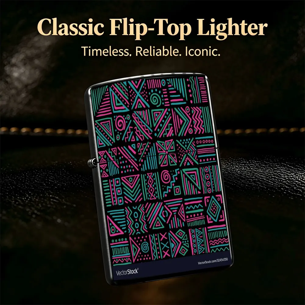 Pocket Lighter, Flip-Top Windproof, Colorful Tribal Geometric Pattern on Black, Metal Shell, Comfort Grip, Refillable