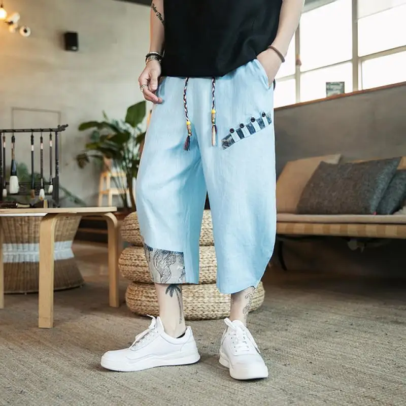 Japanese style cropped pants Men Joggers Harem flax Pants Man Summer ancient costume Streetwear Loose Trouser Trendy Sweatpants