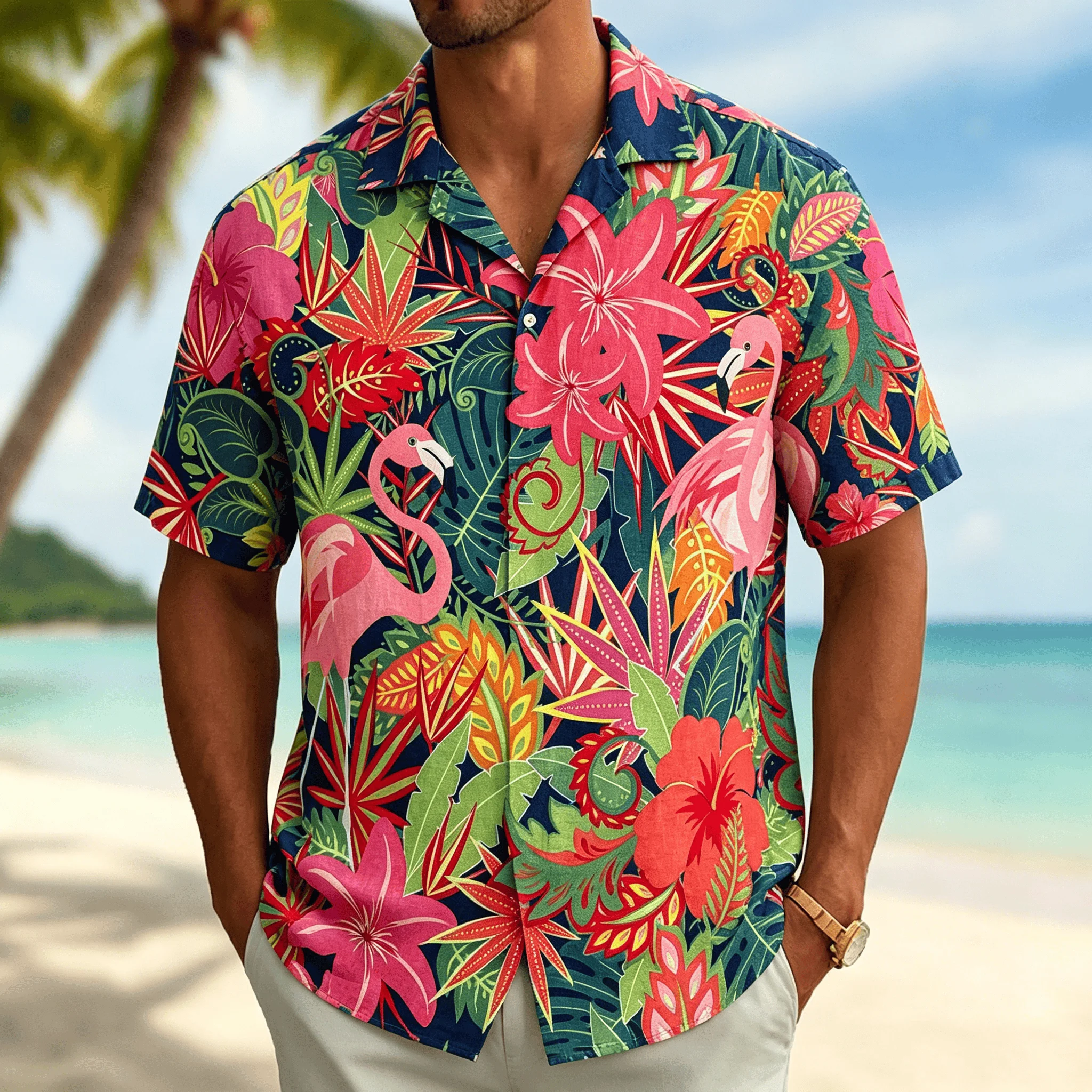 Men's Tropical Butterfly Floral Print Short Sleeve Shirt, Casual Hawaiian Button Down Top, Vibrant Jungle Design for Summer