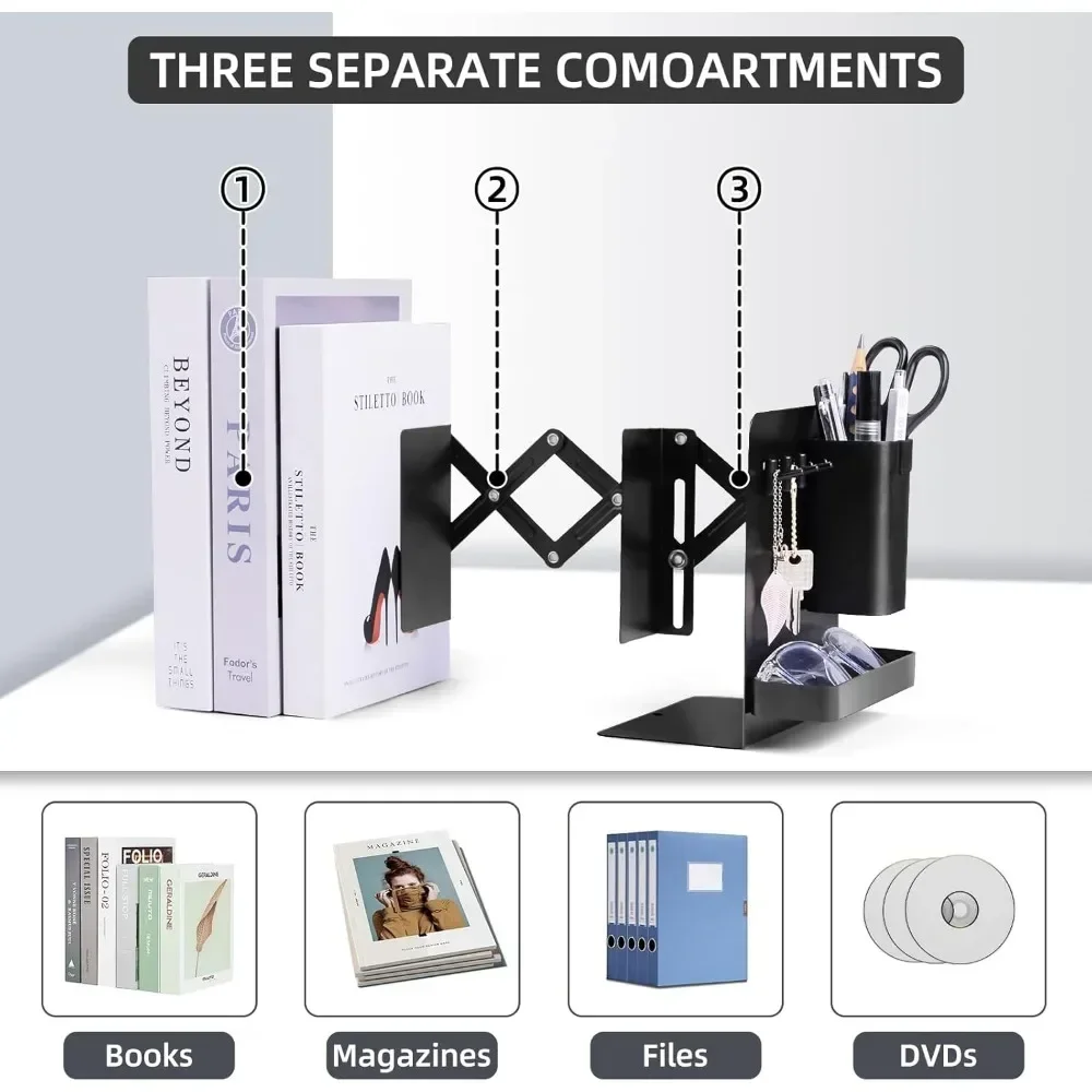 Libri pesanti da 19" con fermalibri in metallo, 2 portapenne rimovibili, vassoi e 3 librerie divisorie collegate