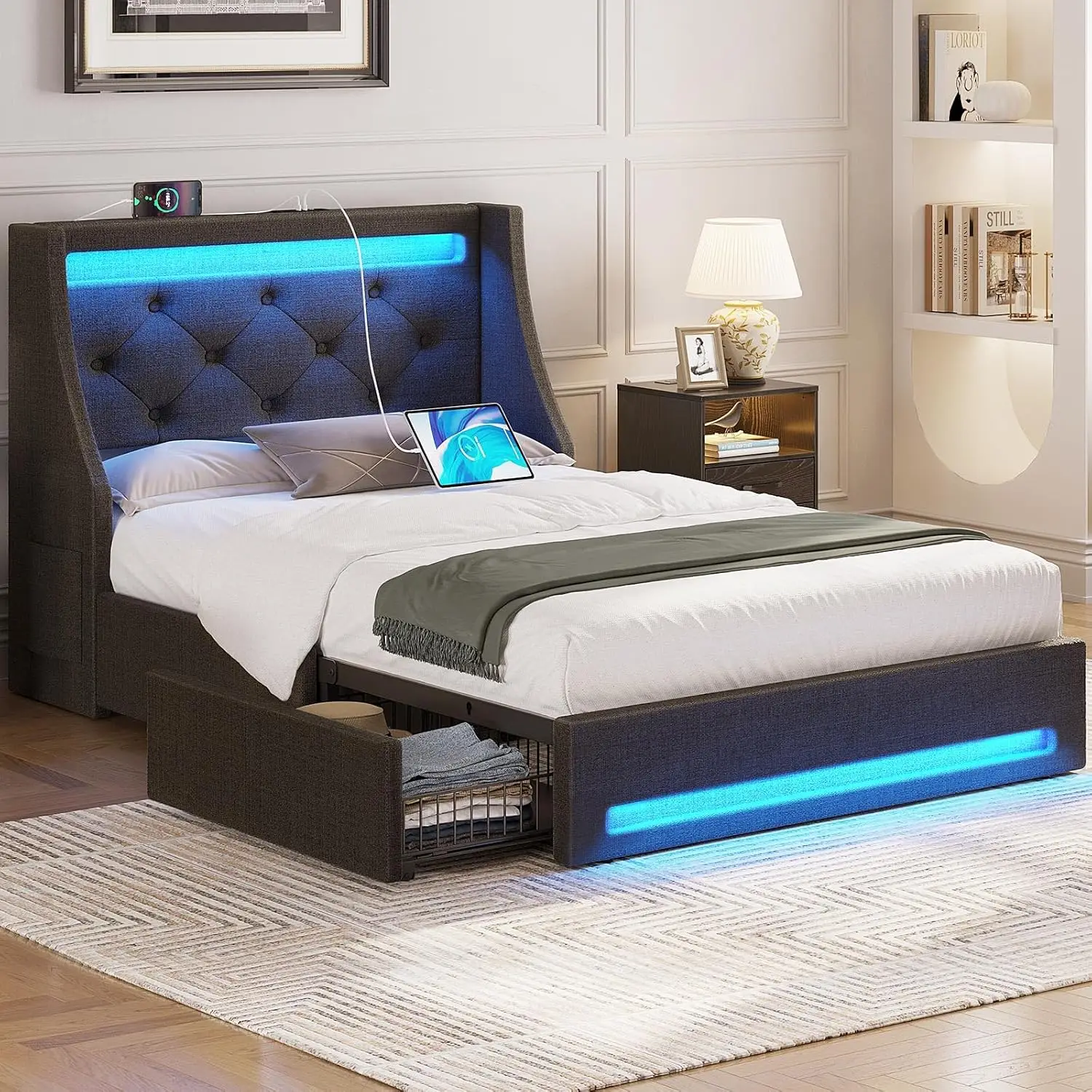 Dubbel Bedframe Met Ledverlichting En Laadstation, Zacht Bed Met Kussens Met Lades, Geluidsvrij, Eenvoudig Te Monteren, Donkergrijs