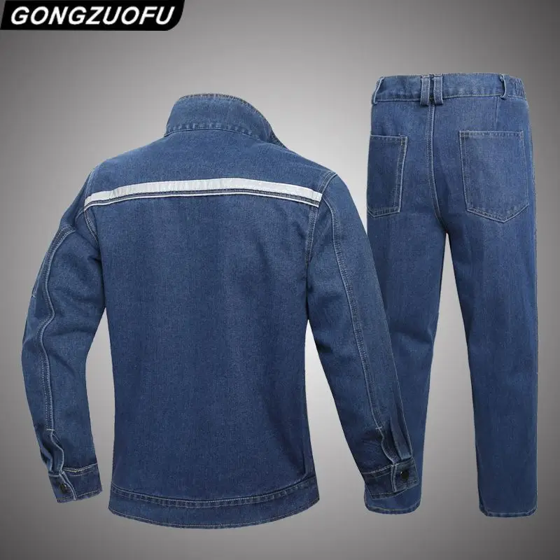Men Spring Autumn Denim Work Suit Thick Wear Resistant Anti scald Labor Workwear For Welding Factory Workshop