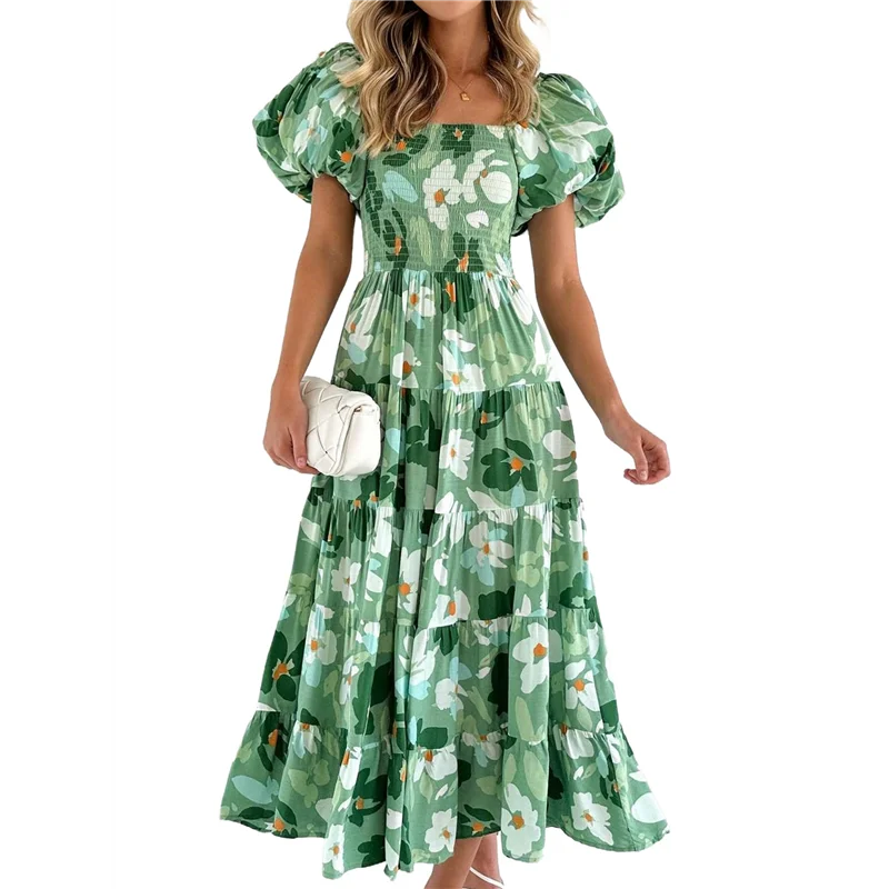 Women's Summer Casual Midi Dress Puffy Short Sleeve Square Neck Smocked Tiered Ruffle Dresses