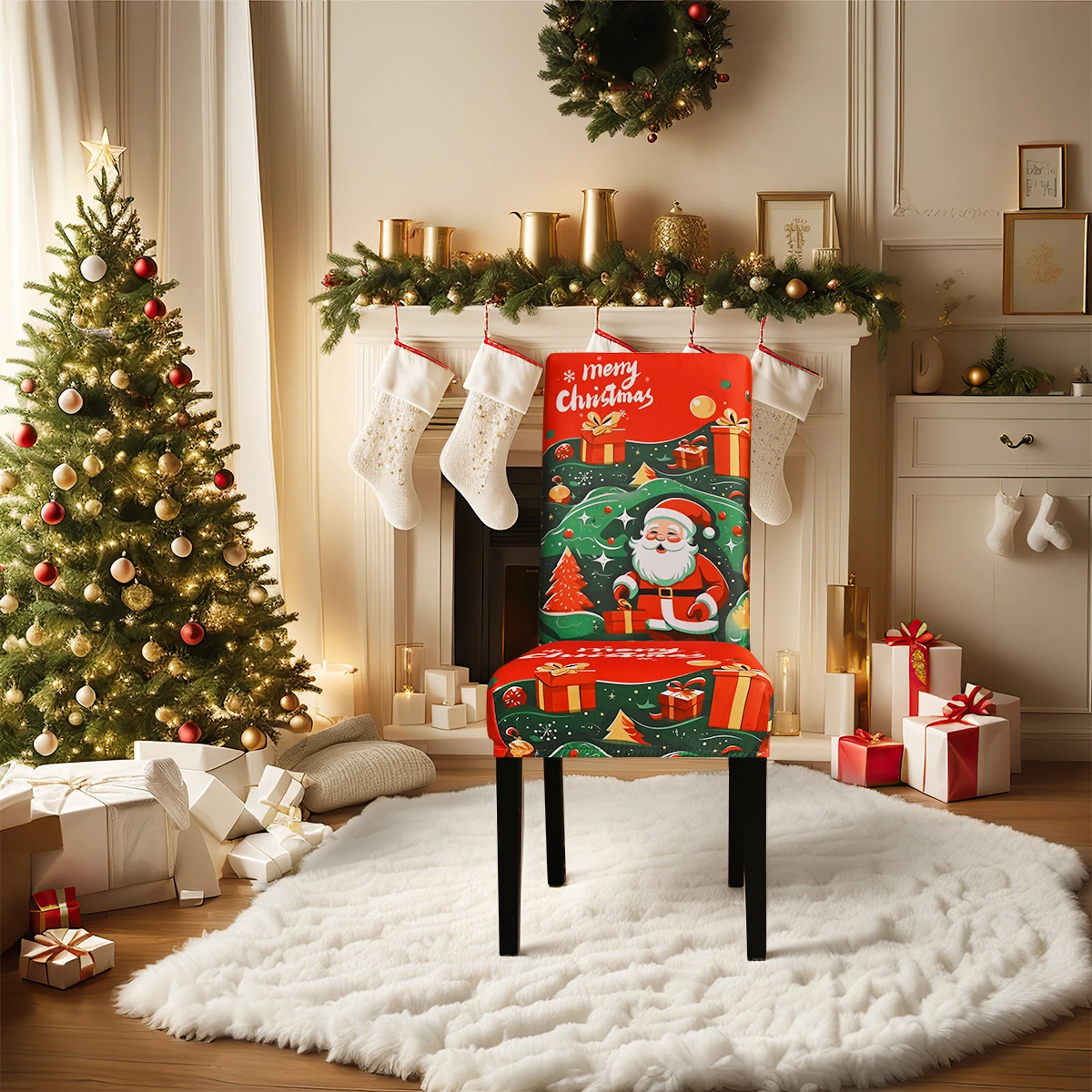 1PC Christmas Elastic Printed Chair Cover, suitable for Christmas holiday decoration and embellishment