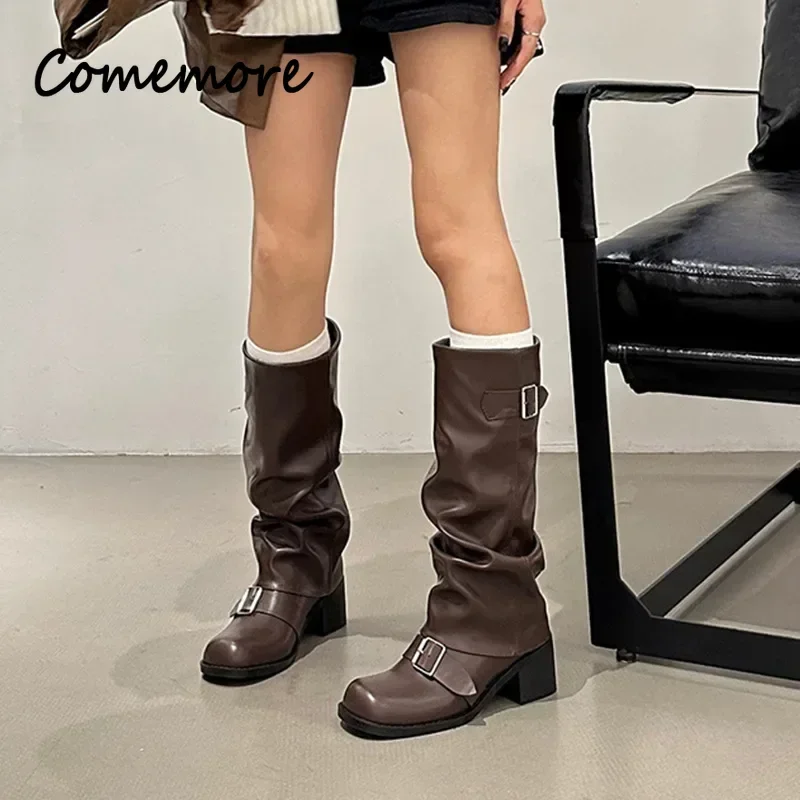 Comemore Autumn Women Biker Boots Fashion Belt Buckle Ladies Elegant Platform Long Pipe Booties Casual Women\'s Knee High Boots