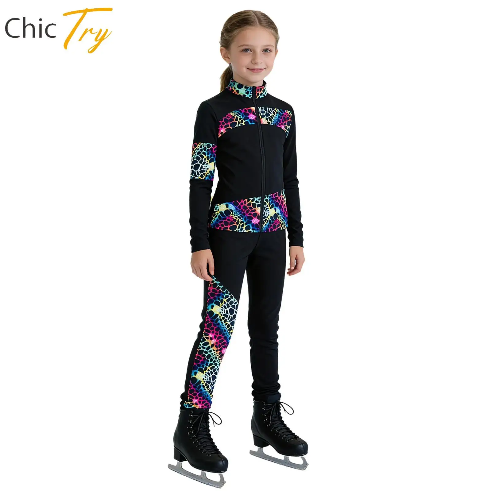 

Girls 2 Pieces Figure Ice Skating Training Competition Outfit Kids Long Sleeve Jacket Top with Legging Long Pants Dancewear Set