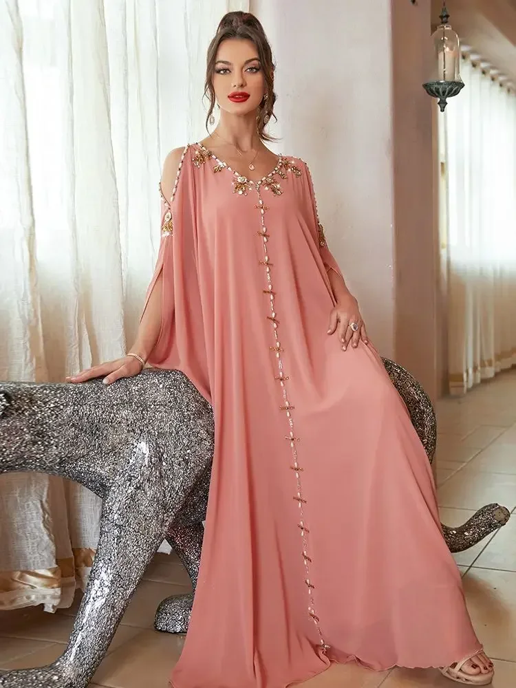 Ramadan Eid Party Dress Morocco Kaftan Off Shoulder Pink Diamond Beads Dubai Abaya Long Dress Abayas for Women Robe Musulmane