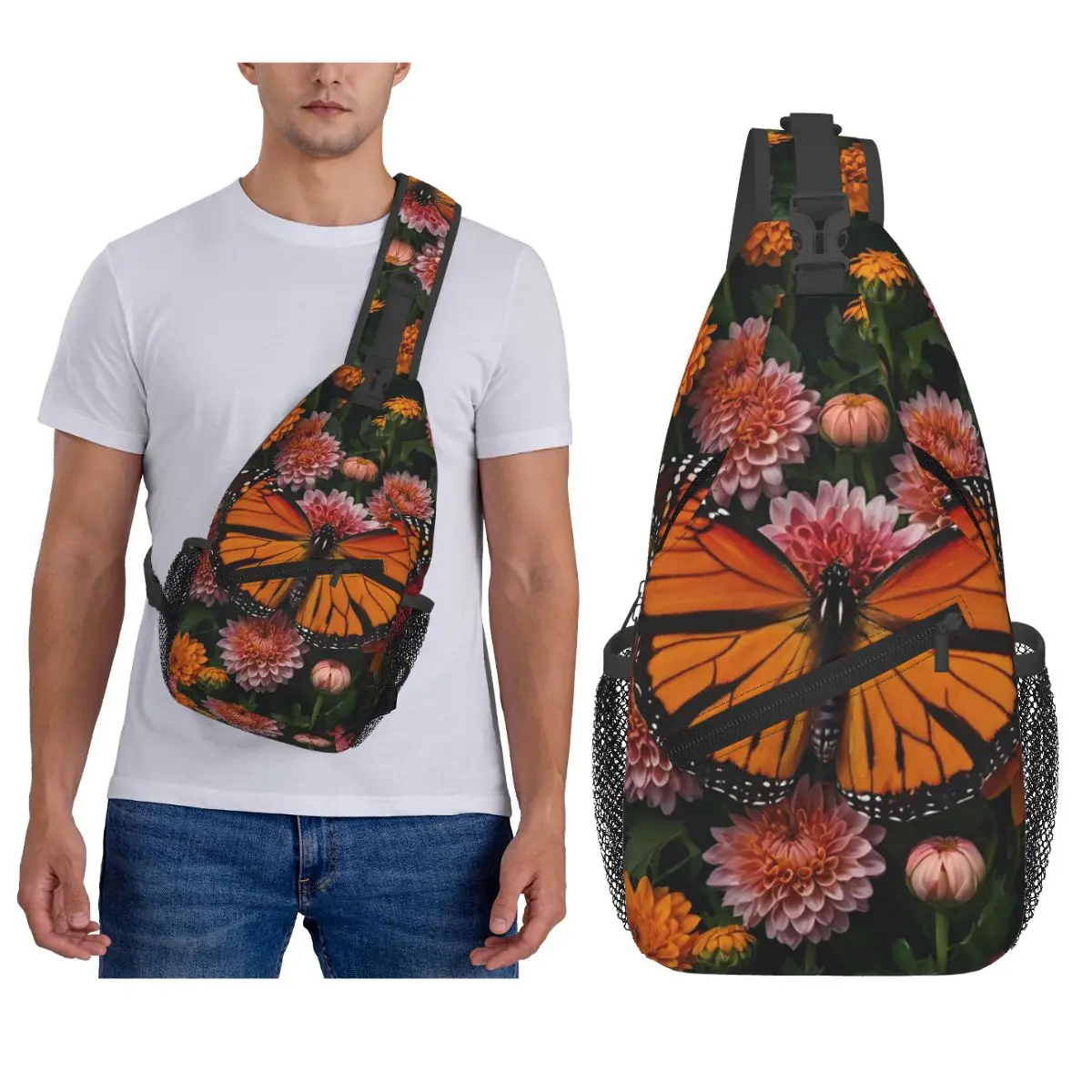 

Orange Monarch Butterfly Chest Bag Men Sling Crossbody Backpack Chest Bag Travel Hiking Daypack Shoulder Bag