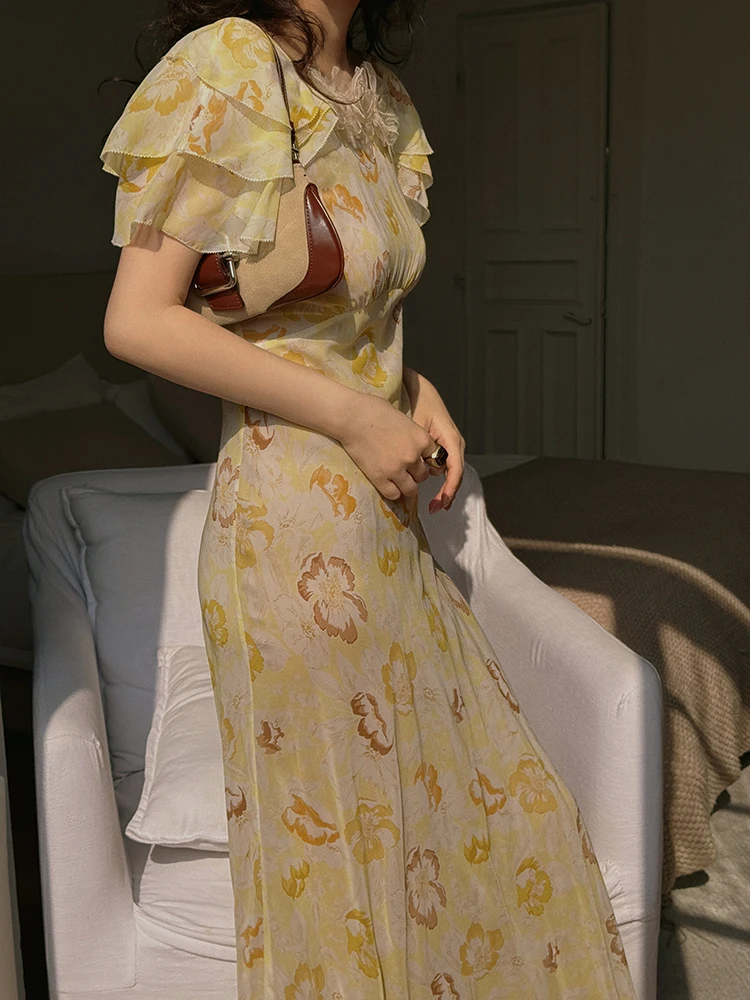 

Шелковое платье с принтом и асимметричным подолом во французском стиле, с завышенной талией, из плотного шелка, с эффектом обертывания, длинное летнее платье