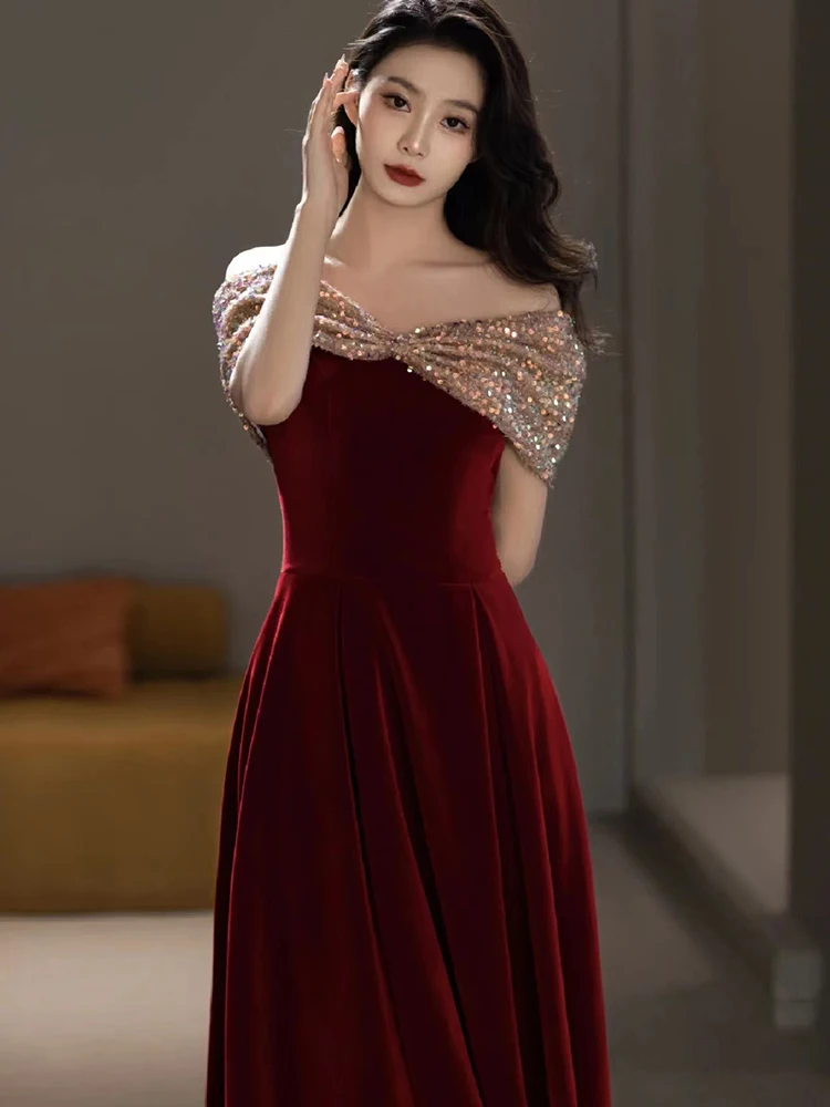 

Burgundy Velour Sexy Strapless Evening Dresses Off the Shoulder Pleat A-line Floor-length Formal Prom Party Gowns Robe De Soiree