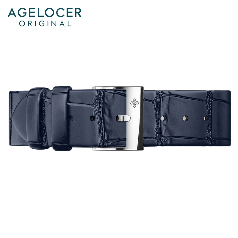 AGELOCER Original Brand Strap Width 18mm Black Blue Leather Strap 316L Stainless Steel Buckle