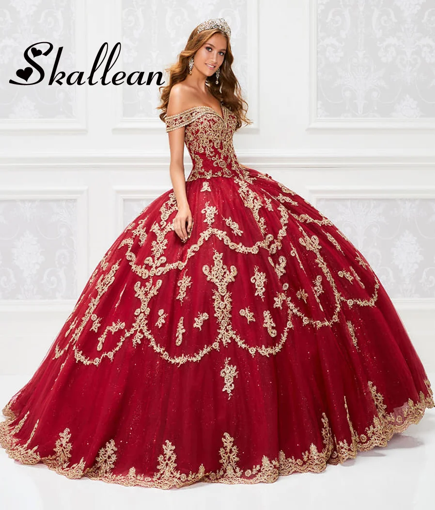 Skallean Glitter Tulle Quinceanera Dresses for 15 Ans Off Shoulder Lace Appliques Pleating robe princesse bleu femme Customized