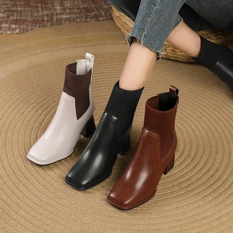 Classic Shoes Woman Leisure Ankle Boots Women Shoes Winter Square Toe Hoof High Heels Solid Brown Leather Retro Modern Boots