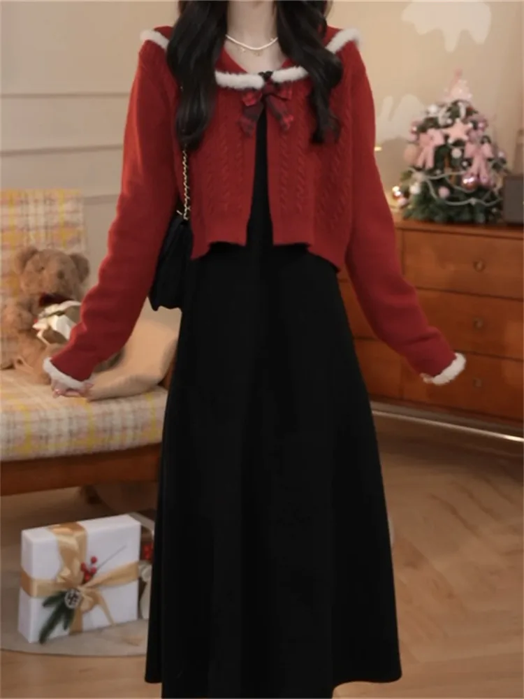 

Korean Sle Red Top And Skirt Set Women's Winter New Soft Sle Waist-Cinching Dr Two-Piece Set Faionable And Attractive