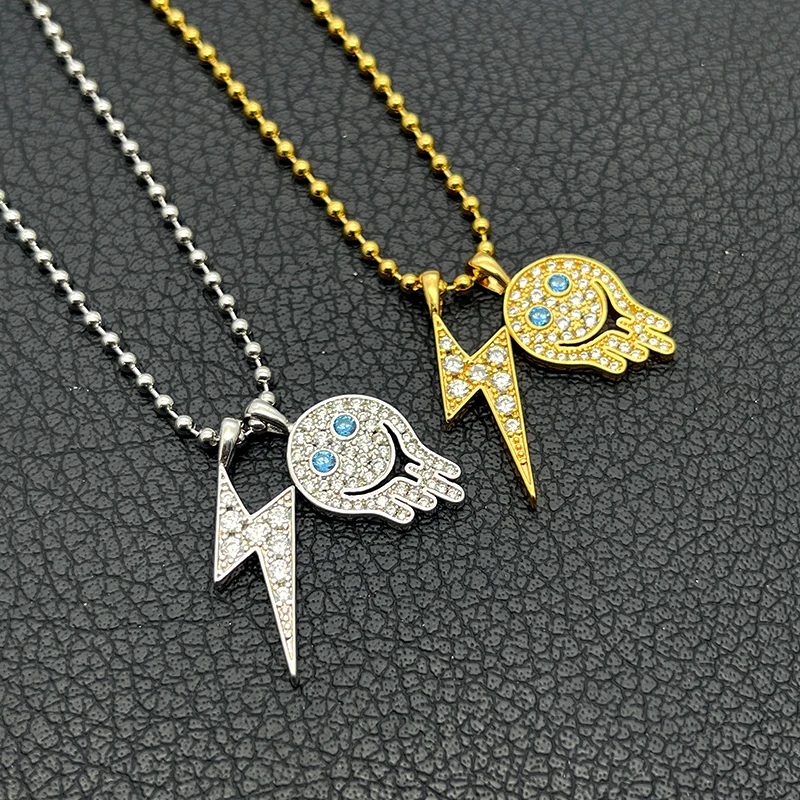 Y2K Iced Out Lightning Bolt Happy-Face Dual Pendant Necklace Gold Silver Bead Chain Mcbling Cyberpunk Streetwear Jewelry