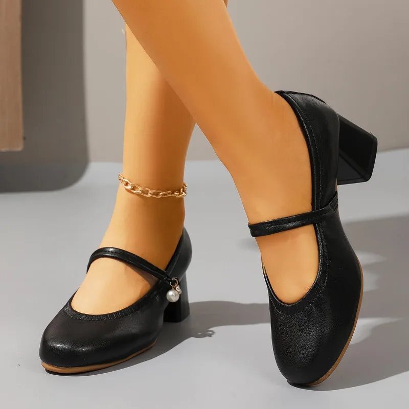 ماري جين 2025 موضة الربيع والخريف الجديدة متعددة الاستخدامات الفرنسية متوسطة الكعب كعب حذا فردي للسيدات لطيف عالية الكعب