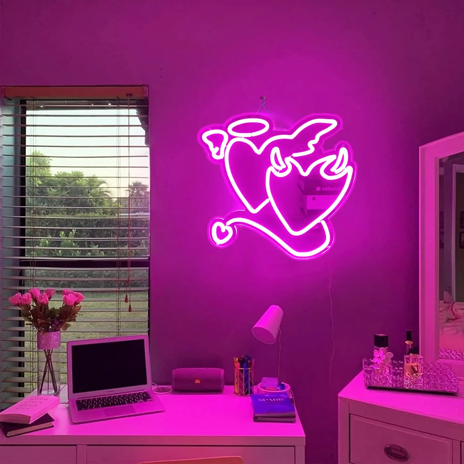 Angel Devil Neon Signs Pink Heart Led Sign for Bedroom Love Neon Sign Wedding Neon Light Sign for Wall Decor Bar Room Girl Gift