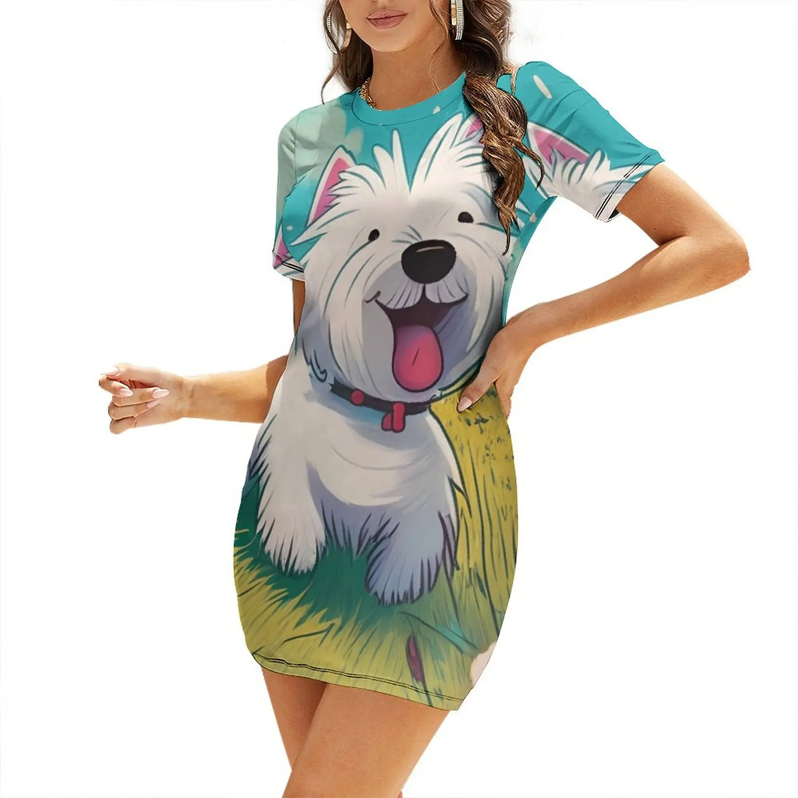 

A happy cartoon westie prancing through the flowers Short Sleeved Dress sensual sexy dress for women Bridesmaid dress woman