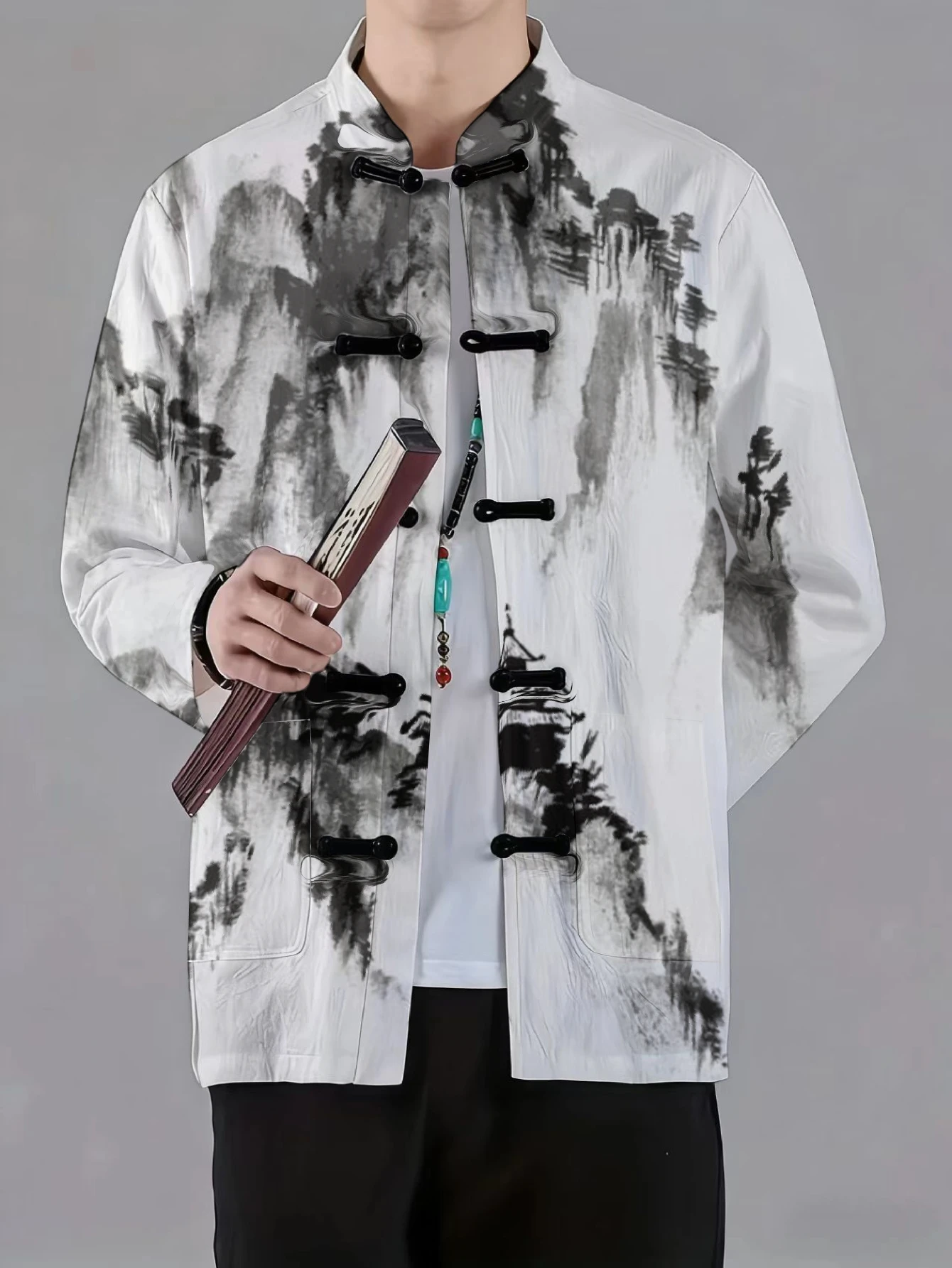 Men Men Mandarin Collar Frog Button Jacket Ink Mountain Pine Crane Print Traditional Outerwear - Aliexpress Deal