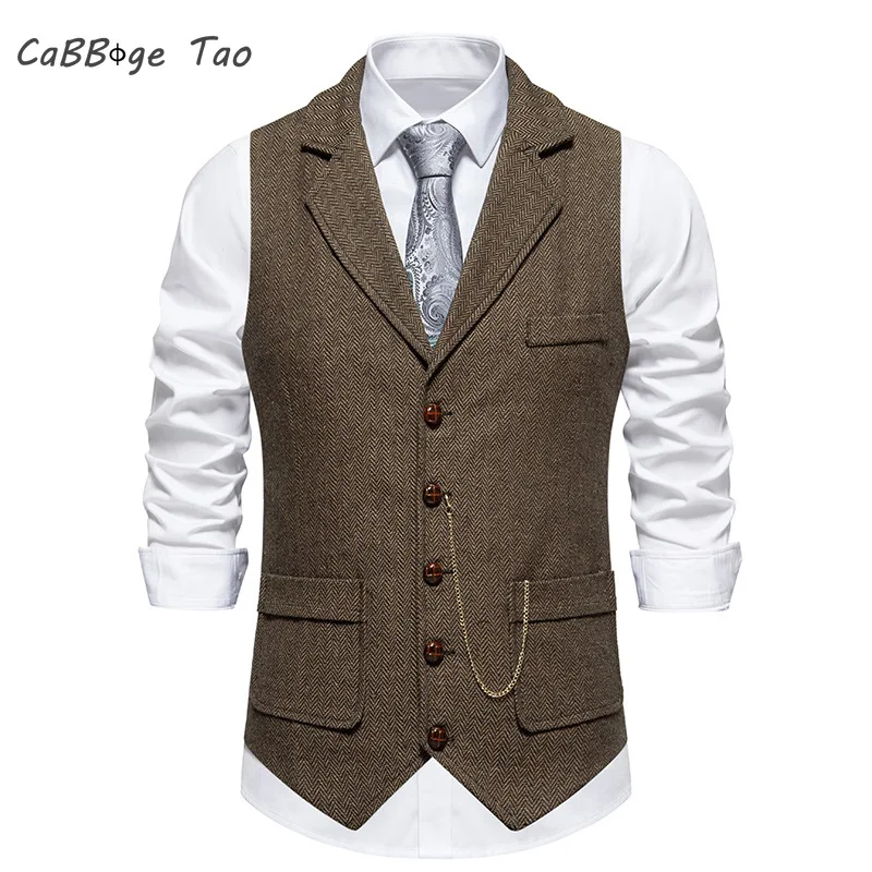 Spring New Men\'s Suit Vest Solid Color Casual Retro Lapel Horse Chain Vest Top