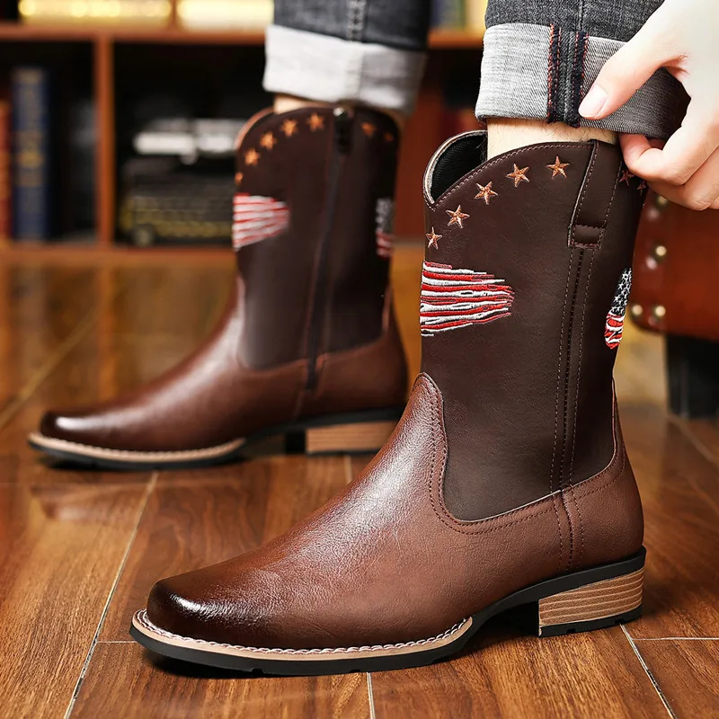 New Brand Men High Boots Embroidery Retro Handmade Mens Boots Western Cowboy Pointed Toe Boot Hand Stitching Outdoor Men's Shoes