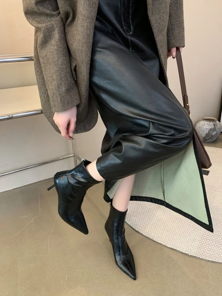 Women Pointed Toe Thin Heel Ankle Boots 2026 Fall Winter Fashion Slim Short Boots Chic High Heels for Daily Wear