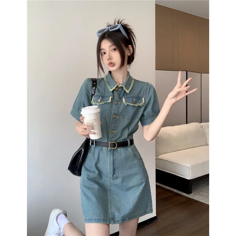 Retro Rugged Denim Dress Single Breasted Women's Summer New Turn-down Colla Waist Shrinking Short Sleeve Blue Mini Denim Dresses