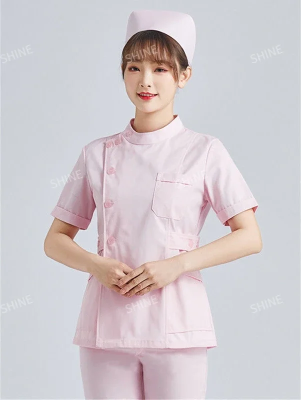 Branco manga curta uniforme médico rosa esfrega uniformes mulheres pet grooming clínica roupas de enfermagem workwear enfermeira esfrega trabalho