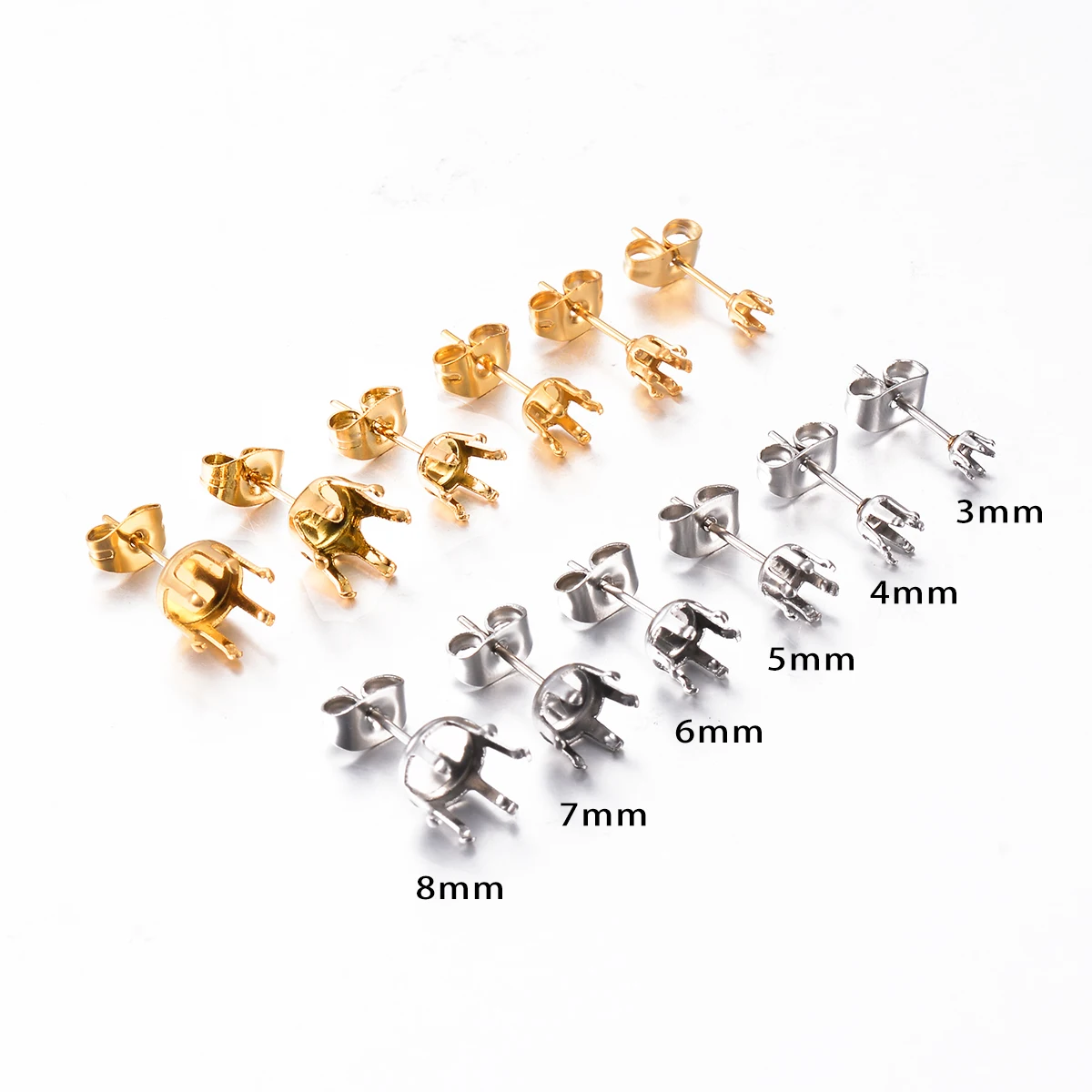 100Pcs 3-8mm Round Stainless Steel Silver Gold Colour 6-claw Bottom Accessories Connector for Women\'s Earrings DIY Making