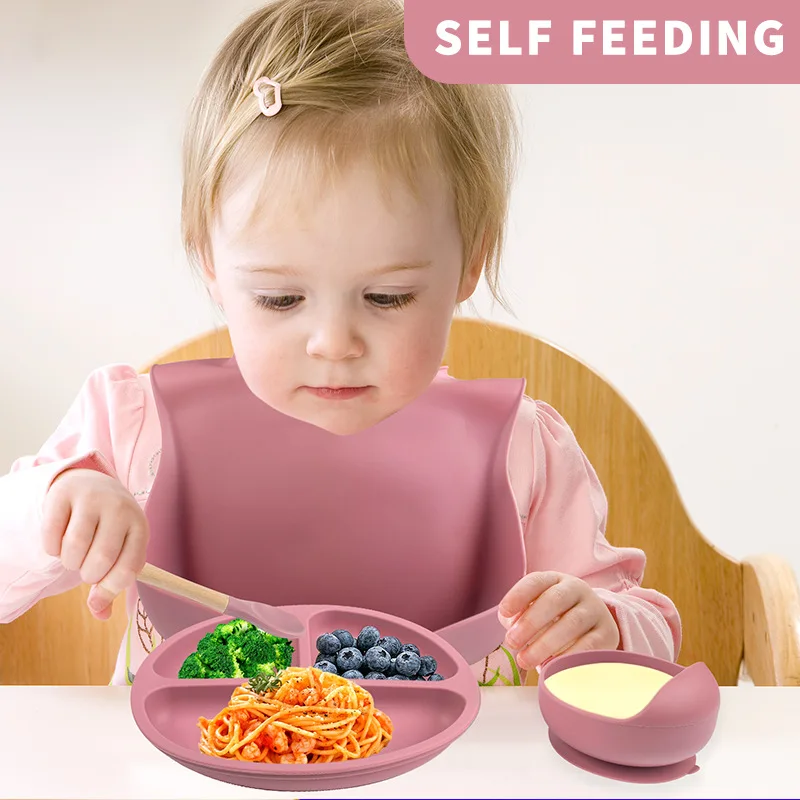 5/6P Silicone Baby Plates Spoons Forks Bib Bowls Set Child Feeding Suction Kids Toddler Eating Tableware Dinnerware Non-slip Set