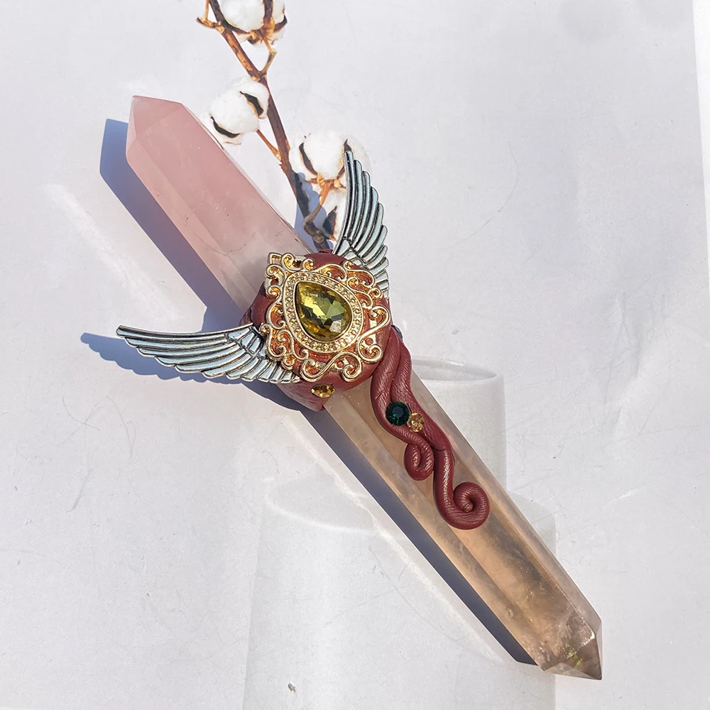

Handmade Natural Fluorite Crystal Point With Rose Quartz Crystal Point Magic Wand Healing Ornament For Home Decoration