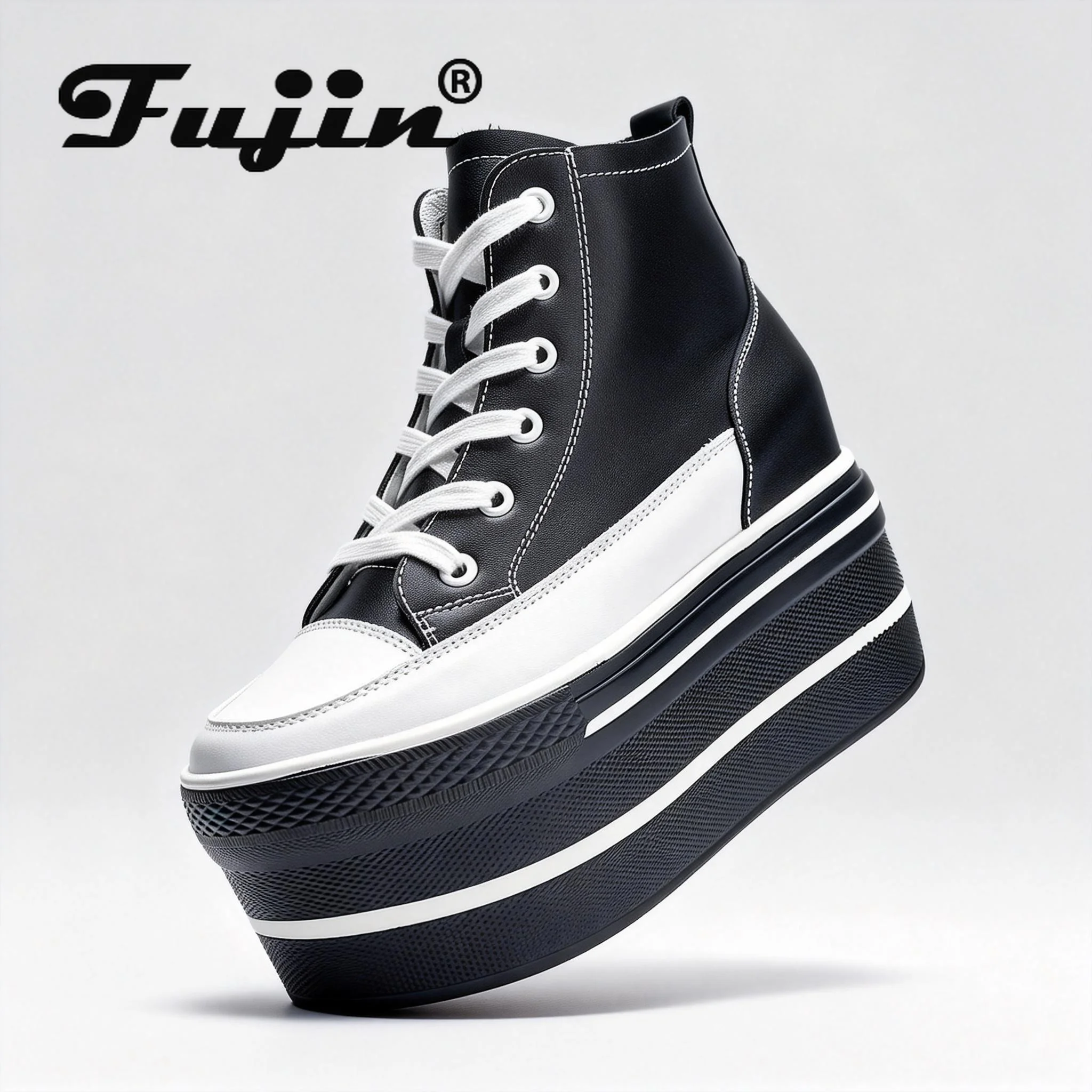 

Fujin Women's High Top Sneakers Casual Leather Lace up Boots Sneakers For Woman Spring Autumn Shoes High Heels Sneaker Shoes