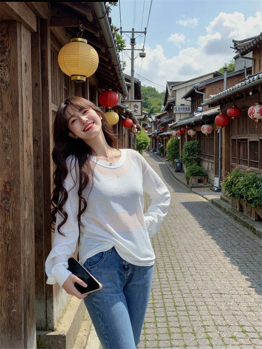 긴 소매 티셔츠 여성용 모달 플레어 갤러리 투어 전시회 방문 예술적 나들이