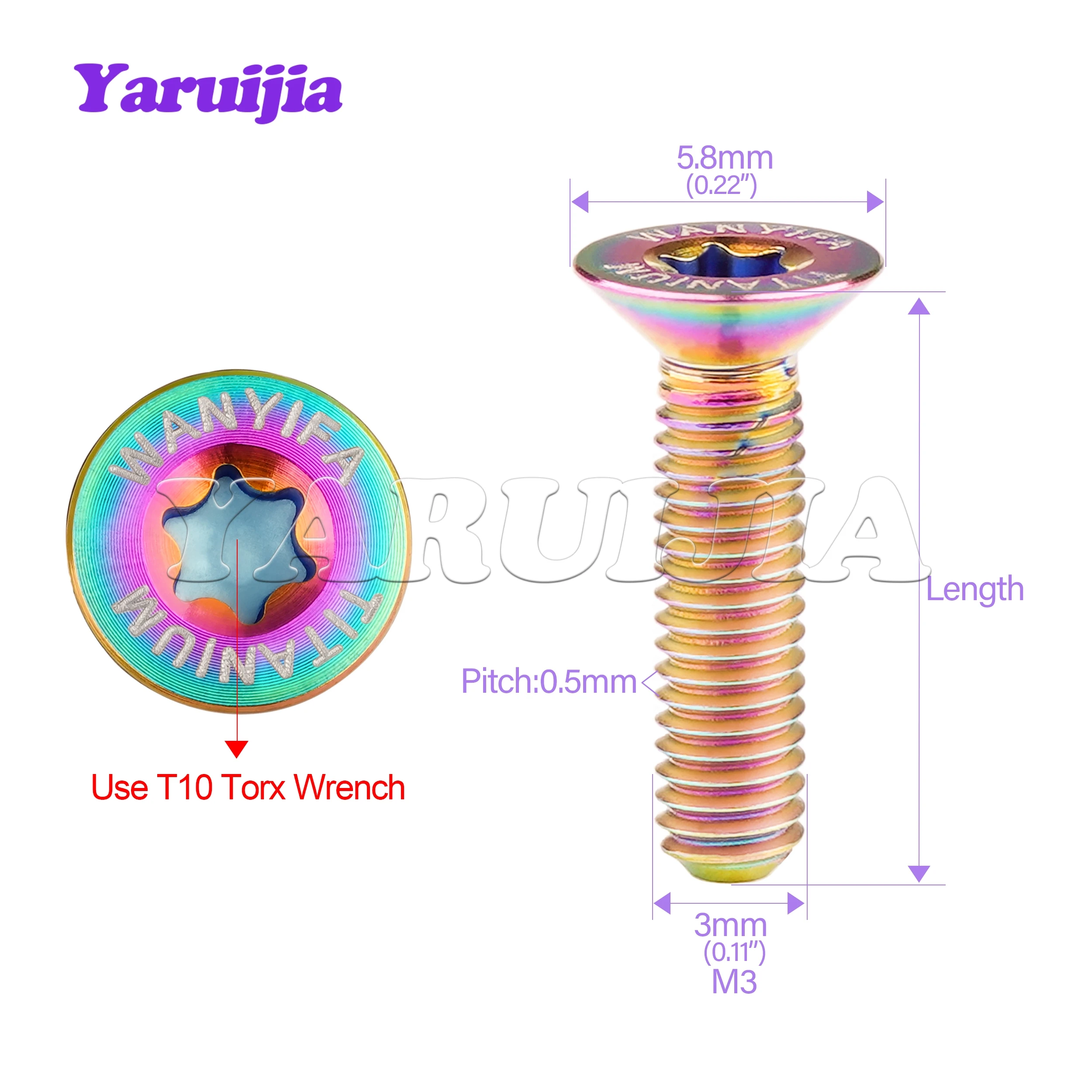 Yaruijia Titanium Bolts M3x6/8/10/12/15/18/20mm T10 Torx Flat Countersunk Head Screws Universal fasteners 6pcs