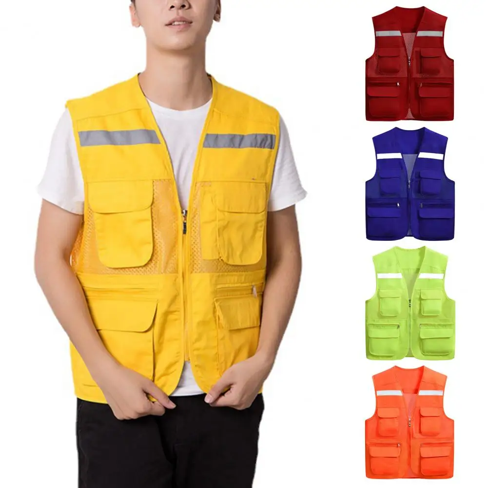 Multi Pockets Mesh Stitching Zipper Placket Vest Coat Reflective Outdoor Photographer Cargo Vest Breathable Fishing Vest Jacket