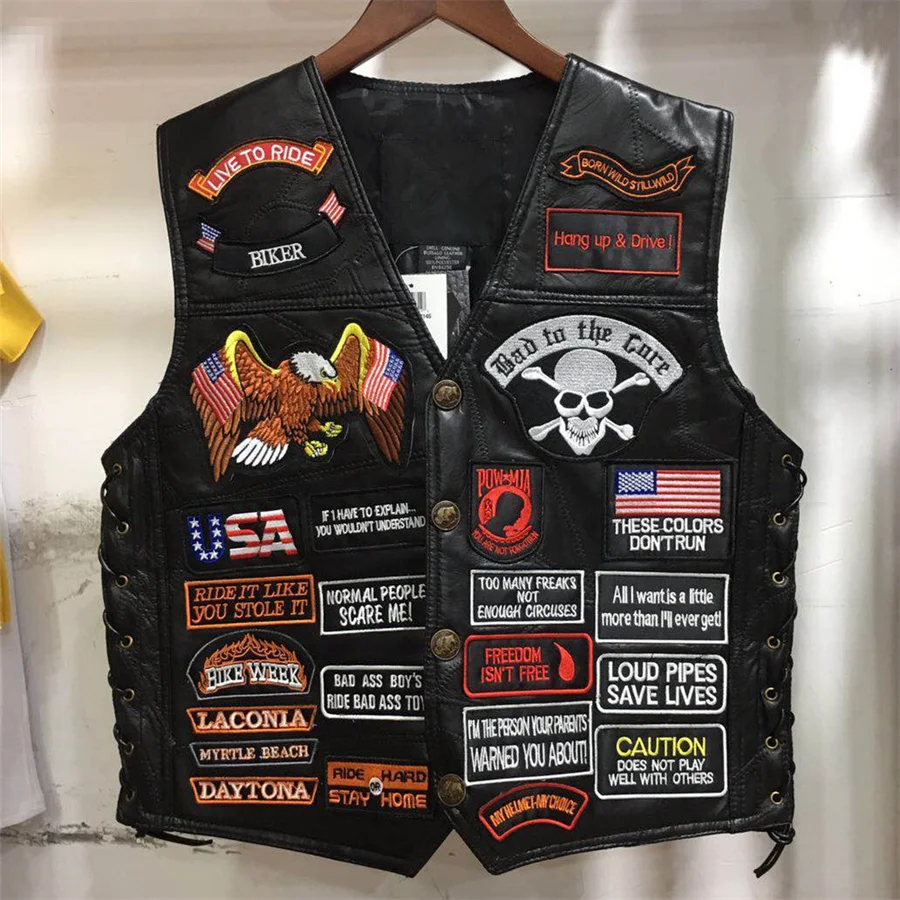 2024 New Men's Motorcycle Leather Vest 42 Patches Embroidered Sleeveless Jacket Punk Riding Biker Waistcoat for Men Clothing