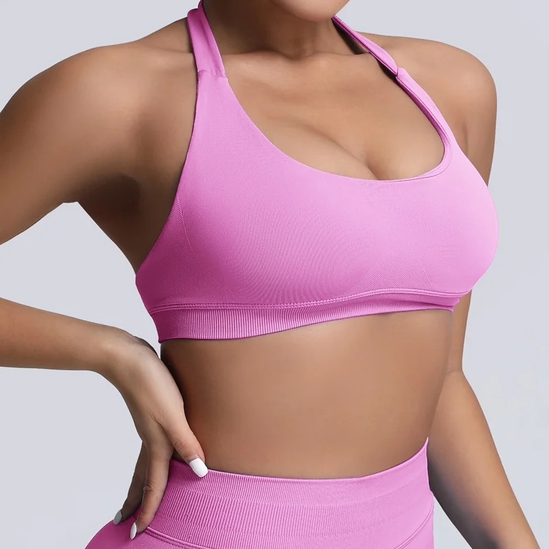 HISTELLO Nahtloser Neckholder-Sport-BH für Damen, offener Rücken, hoher Halt, gepolstertes Oberteil, für Pilates, Yoga, Fitness, Gym, Workout – Detail 12