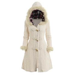 Women Warm Winter Knitwear Cable Knit Plaid Faux Fur Panel Hooded Coat Horn Button Long Knitted Sweater