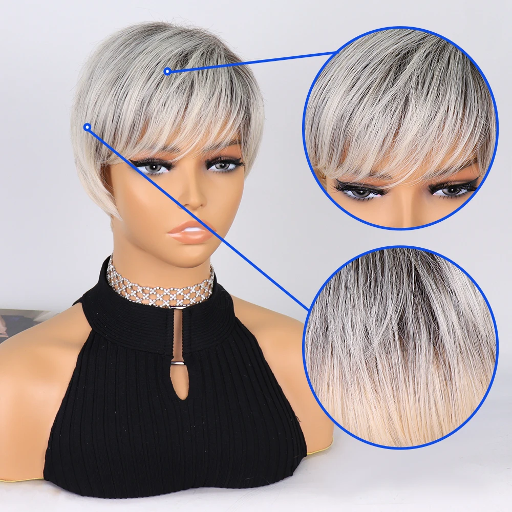 Women\'s Fashion Short Synthetic Wigs Pixie Cut Space Ash Ombre Hair Costume Party Wigs for Woman Daily Fluffy Natural Wig