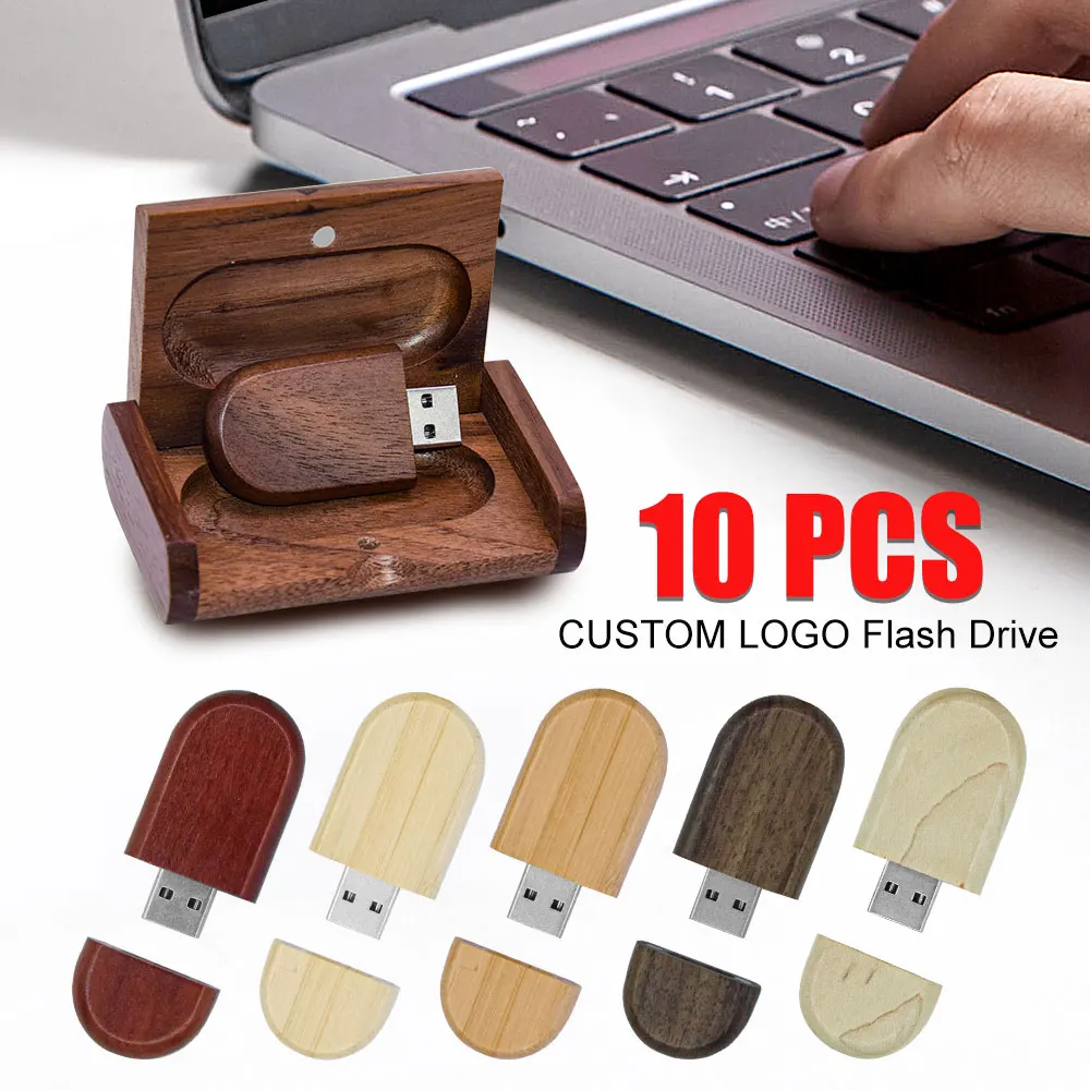Clé USB 2.0 en bois avec logo gratuit et boîte, clé USB, disque U, 4 Go, 16 Go, 32 Go, 64 Go, 128 Go, clé USB, cadeau de photographie de mariage, 10 pièces par unité