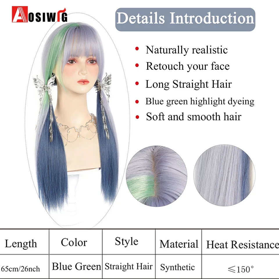 Y2K Wig Cosplay Lolita sintetis rambut palsu hijau biru untuk pesta Cosplay Wig panjang lurus untuk wanita poni berwarna hijau biru sorot celup